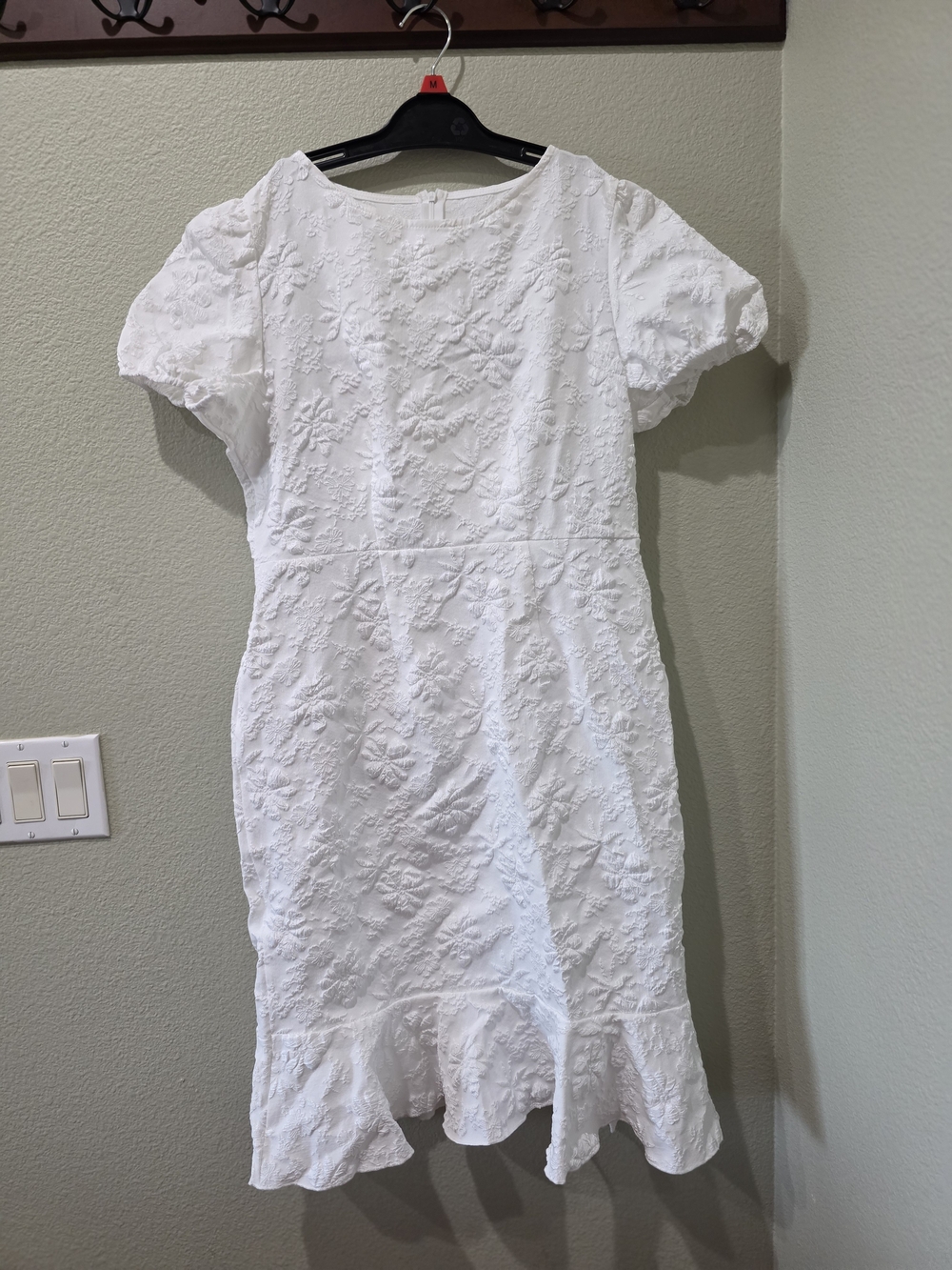 Girls White Textured Ruffle Hem Dress